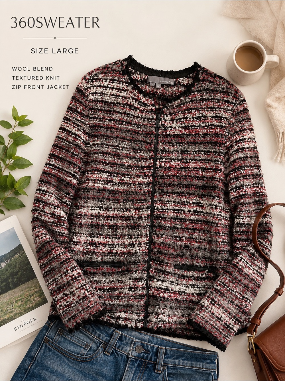 360 Sweater Textured Wool Blend Zip Front Jacket Multicolor Bouclé Size Large